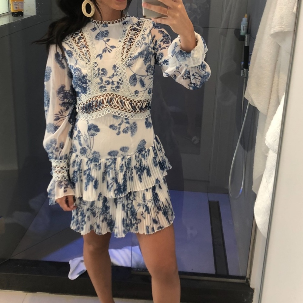 ASOS Design mini dress with lace detail in toile du joue print - blue and white